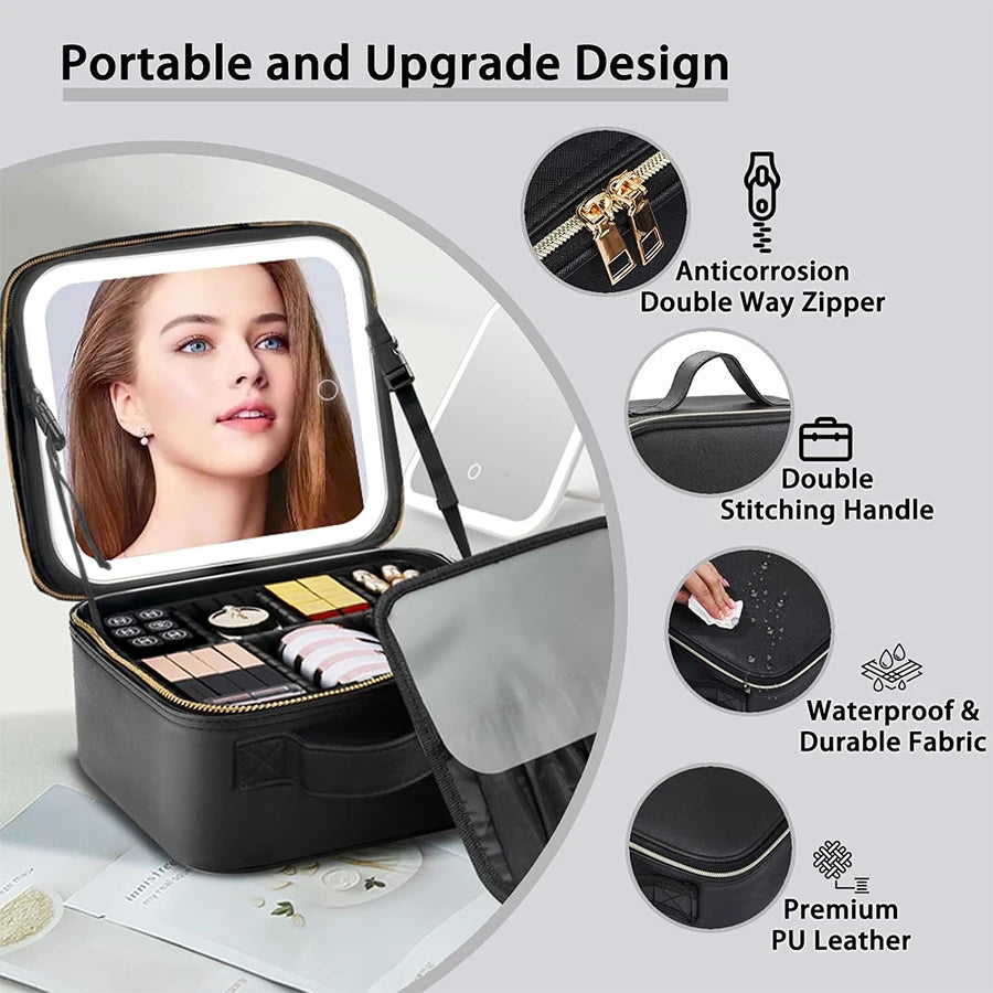 1 bolsa de almacenamiento de maquillaje impermeable con luz LED de gran capacidad con luz de espejo ajustable, con divisores ajustables, soporte duradero para brochas de maquillaje y espejo extraíble