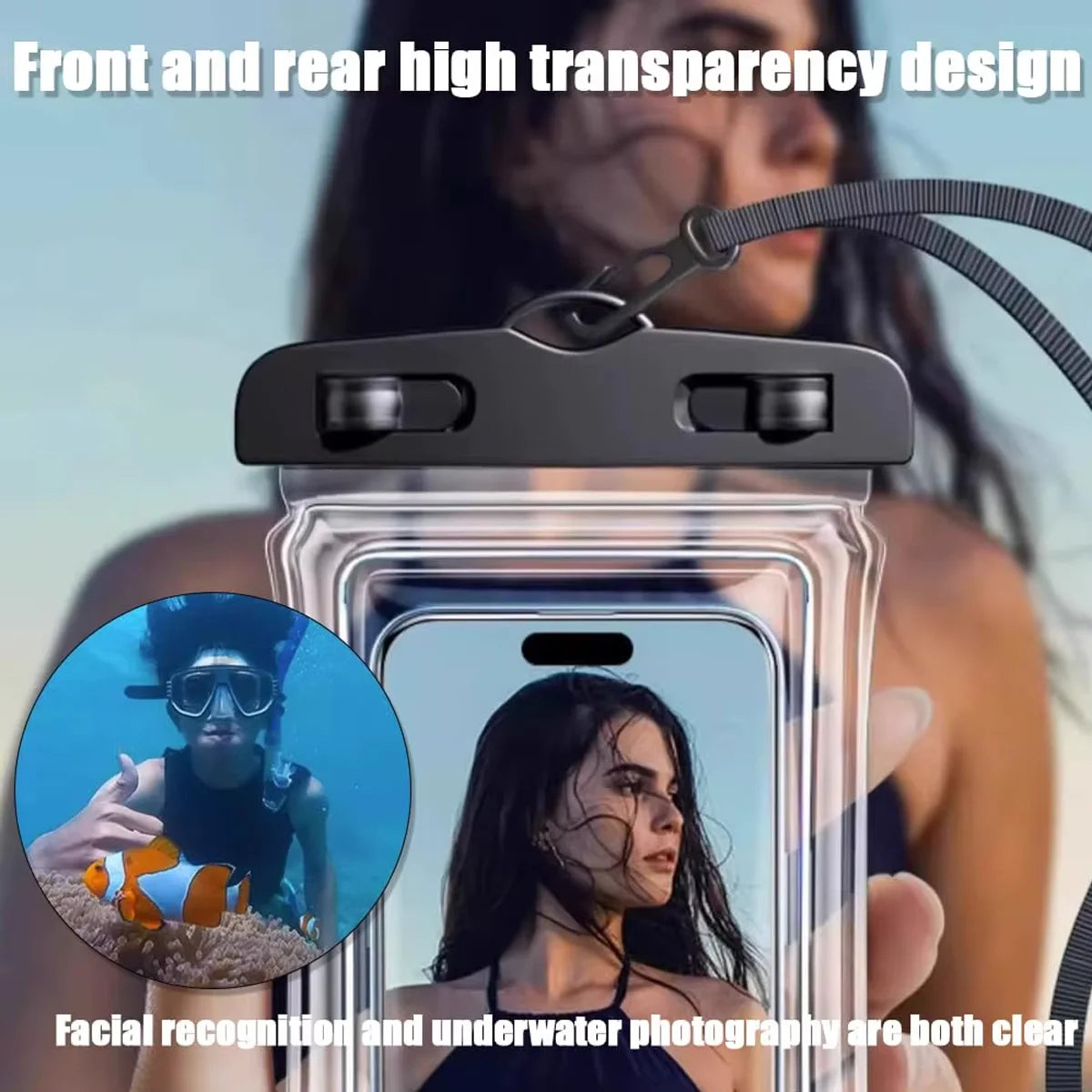 Funda Impermeable Transparente para Teléfono Móvil, con Correa para el Cuello, Táctil, para Playa, Natación y Actividades al Aire Libre