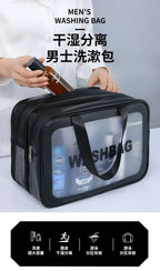 Bolsa de maquillaje de PU transparente doble con separación en seco y húmedo, bolsa de lavado portátil, bolsa de almacenamiento de cosméticos, artículos esenciales para viajes, fitness y natación