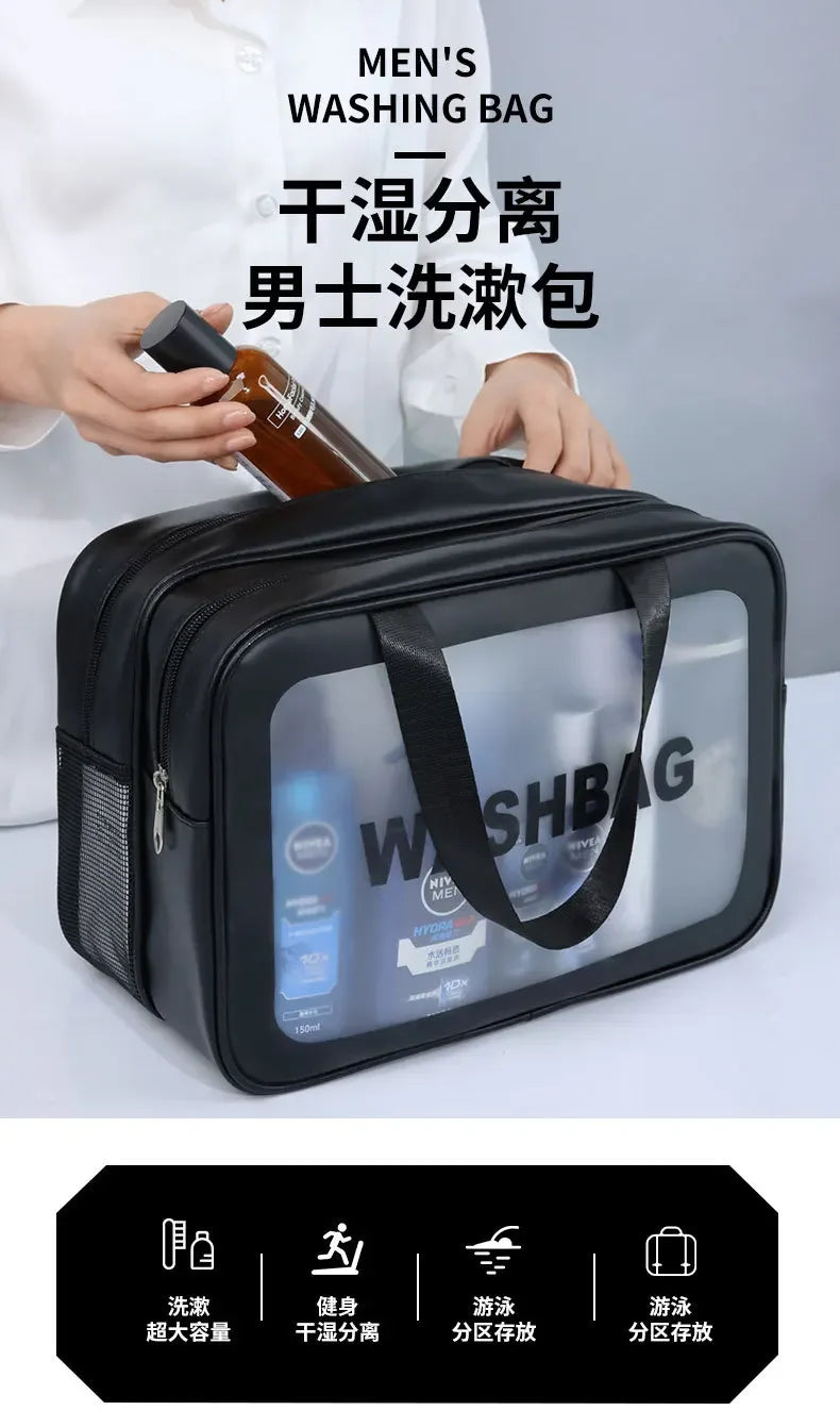 Bolsa de maquillaje de PU transparente doble con separación en seco y húmedo, bolsa de lavado portátil, bolsa de almacenamiento de cosméticos, artículos esenciales para viajes, fitness y natación