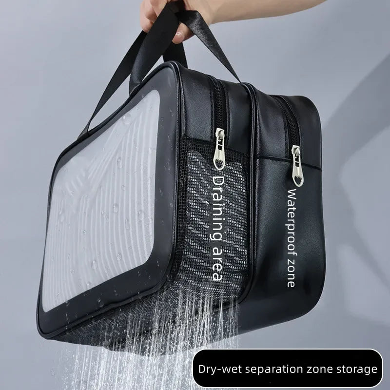 Bolsa de maquillaje de PU transparente doble con separación en seco y húmedo, bolsa de lavado portátil, bolsa de almacenamiento de cosméticos, artículos esenciales para viajes, fitness y natación