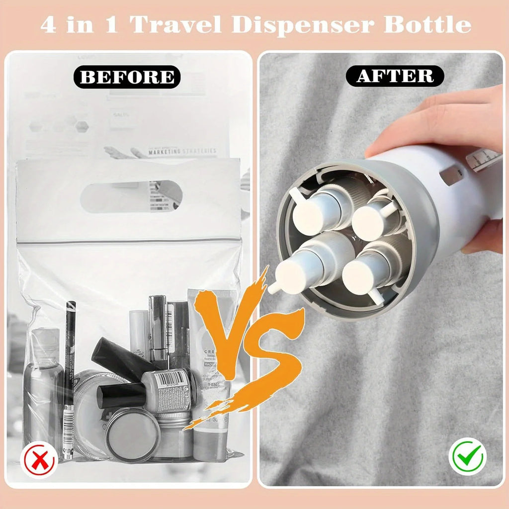 Dispensador de Viaje 4 en 1 | Botella Recargable para Shampoo, Gel, Loción y Acondicionador