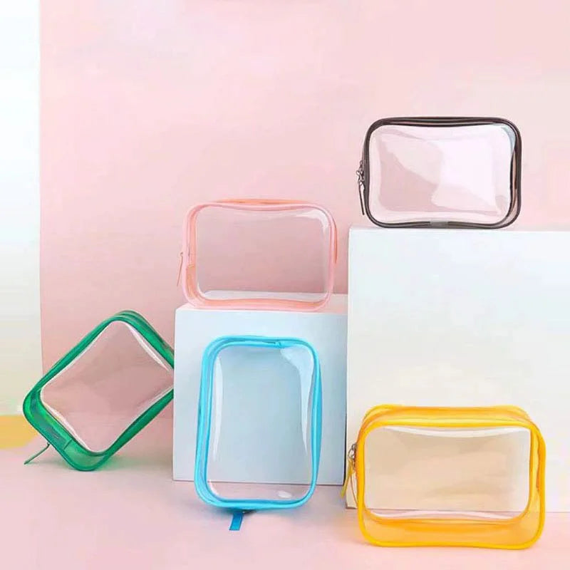 Set de 3 Bolsas de Maquillaje Transparentes con Borde de Color | Organizador de Viaje