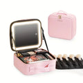 1 bolsa de almacenamiento de maquillaje impermeable con luz LED de gran capacidad con luz de espejo ajustable, con divisores ajustables, soporte duradero para brochas de maquillaje y espejo extraíble