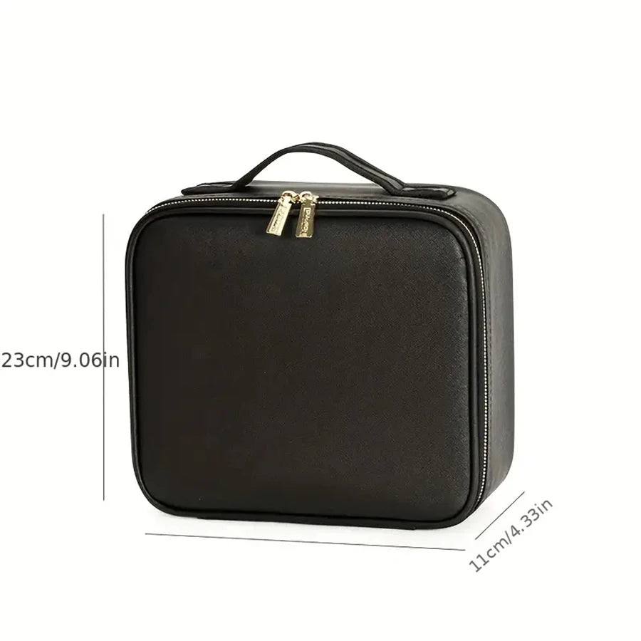 1 bolsa de almacenamiento de maquillaje impermeable con luz LED de gran capacidad con luz de espejo ajustable, con divisores ajustables, soporte duradero para brochas de maquillaje y espejo extraíble