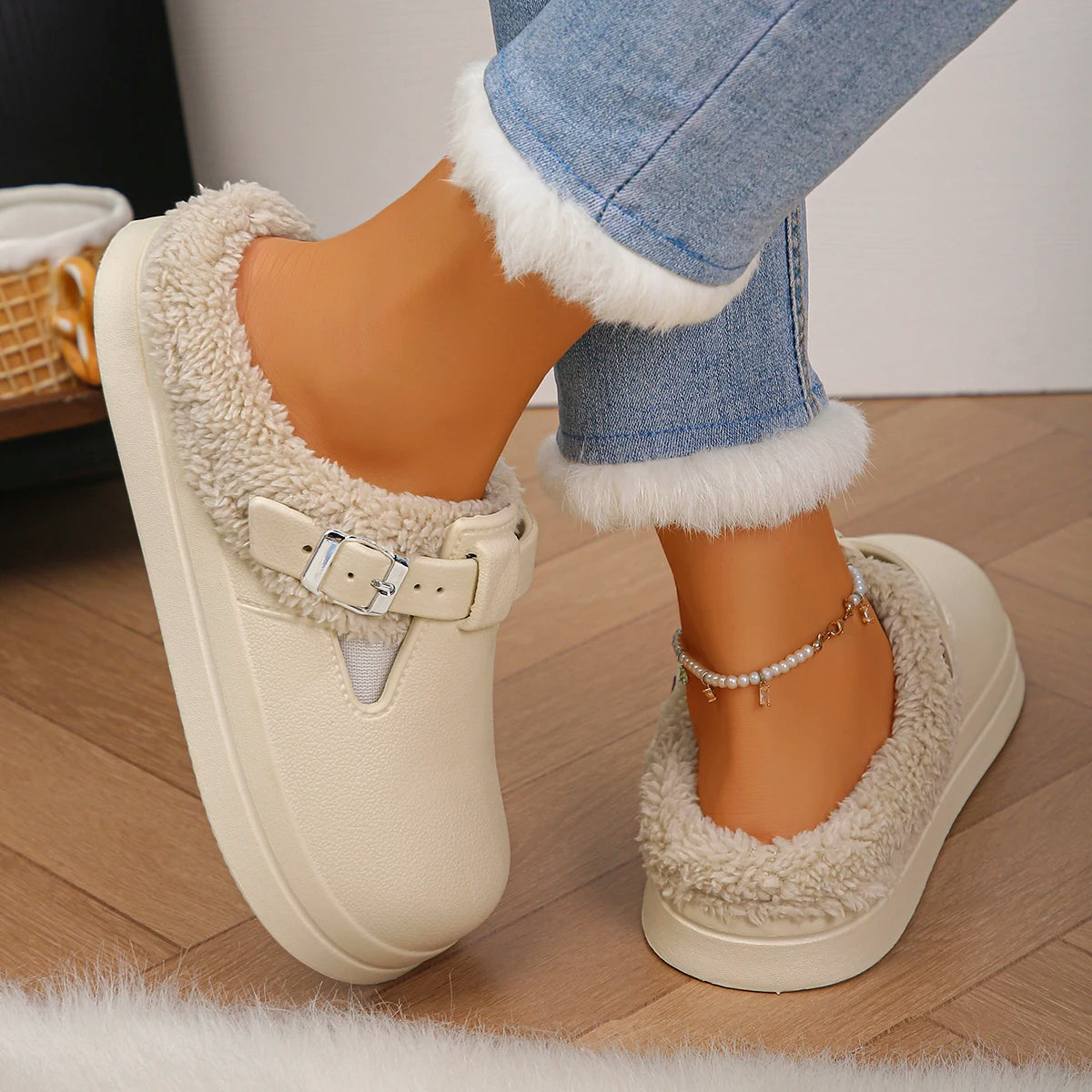 Zapatillas peludas de Eva impermeables para mujer, pantuflas cálidas de felpa.