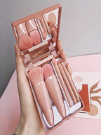 Juego de brochas de maquillaje portátiles de 5 piezas con espejo - Kit de viaje plegable, mini juego de brochas de maquillaje Juego de brochas de maquillaje de viaje