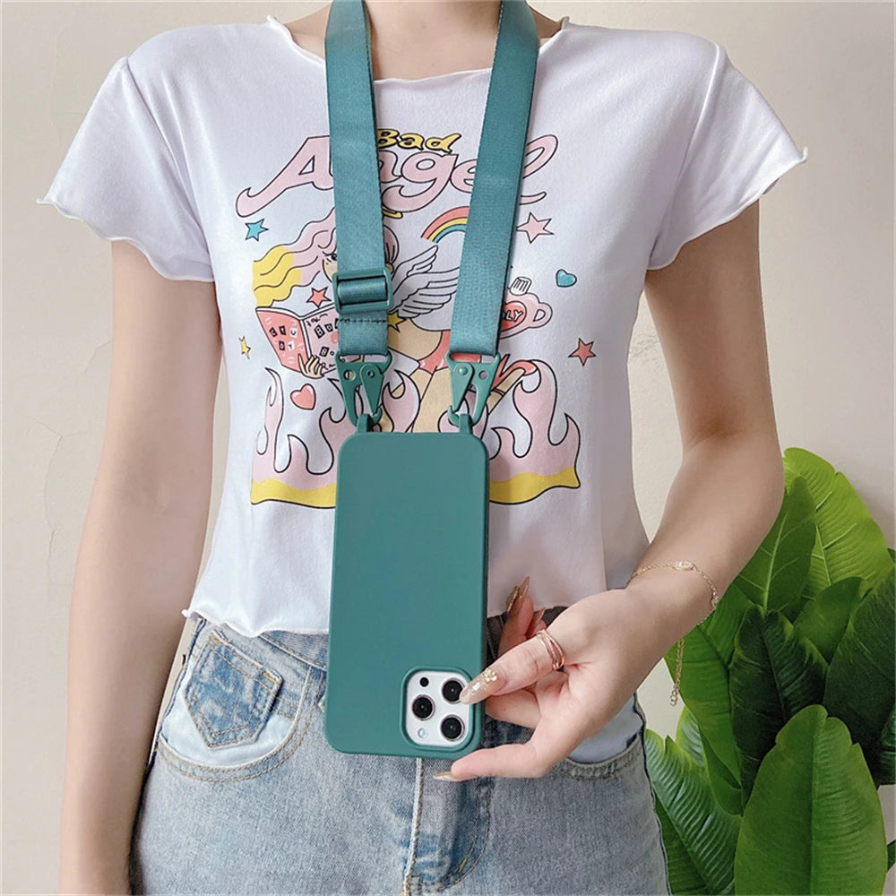 Funda de silicona mate con cordón y correa para collar cruzado para iPhone 17 16 15 14 Pro Max 11 12 13 XR X XS 8 Plus