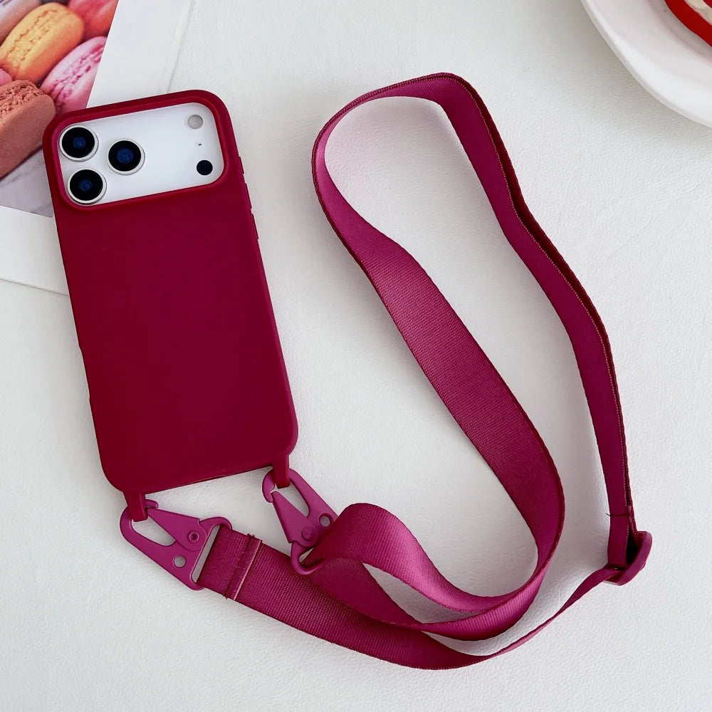 Funda de silicona mate con cordón y correa para collar cruzado para iPhone 17 16 15 14 Pro Max 11 12 13 XR X XS 8 Plus