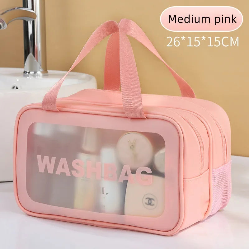 Bolsa de maquillaje de PU transparente doble con separación en seco y húmedo, bolsa de lavado portátil, bolsa de almacenamiento de cosméticos, artículos esenciales para viajes, fitness y natación